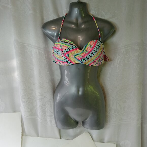 Op Swim Size 7-9 Medium Bikini Top Bandeau Striped String Halter Beach Neon - Picture 2 of 16